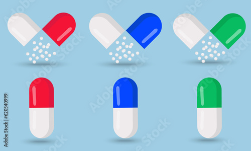Opened and full medical capsule in vector illustration