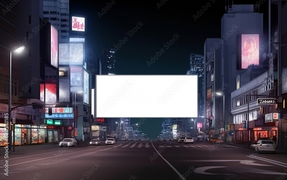Billboard with blank mock up on the street of the night city, generated AI