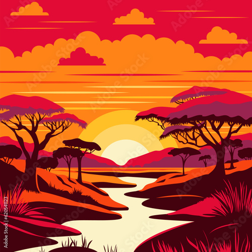 African landscape river in the savannah at sunset background. Vector illustration © natbasil