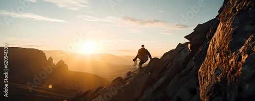 Wallpaper Mural Man climbing a mountain cliff at sunset or dawn. Epic shot of lifestyle concept. Extreme sport challenge action. Free person as fearless and successful effort. Generative ai Torontodigital.ca