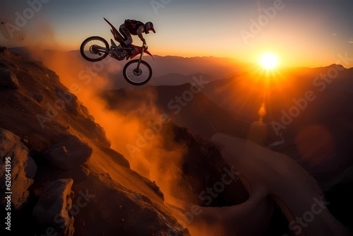 Silhouette of motorbike rider doing stunt on rocky mountain as jump cross slope of mountain with sunset background backlit. Epic shot of outdoor extreme sport scenes. Motocross sport. Generative AI