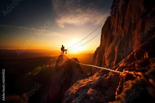 Man climbing a mountain cliff at sunset or dawn. Epic shot of lifestyle concept. Extreme sport challenge action. Free person with equipment and wires as fearless and successful effort. Generative ai