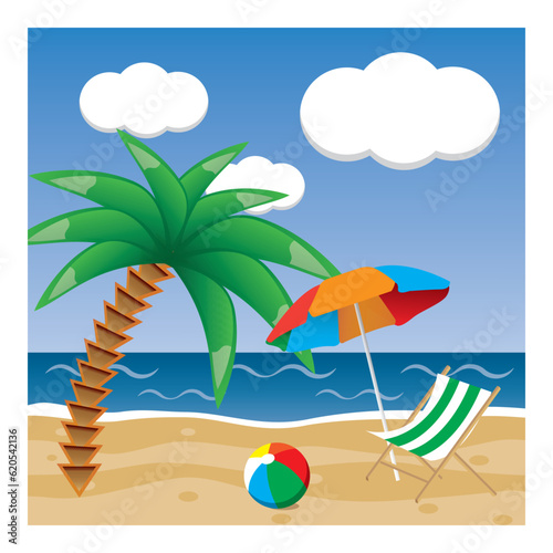 Summer beach rest colorful raster illlustration bright sky with clouds palm trees set summertime sunset sand and striped lounge under umbrella