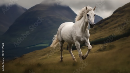 white horse running in the field in the mountain background © Sania