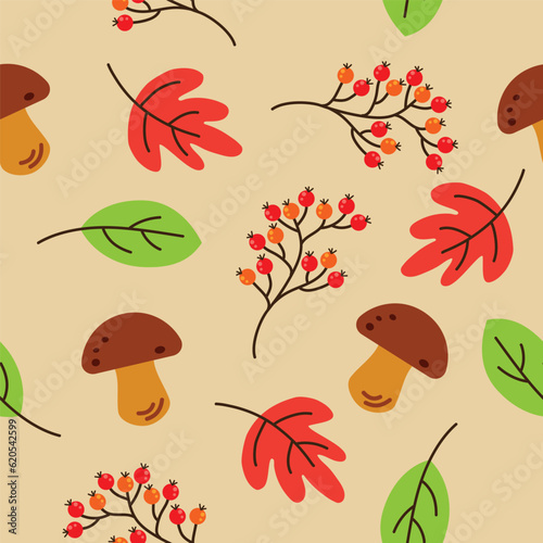 Vector seamless hand drawn autumn background with leaves and rowanberry for website background, clothing print, textile, bed linen