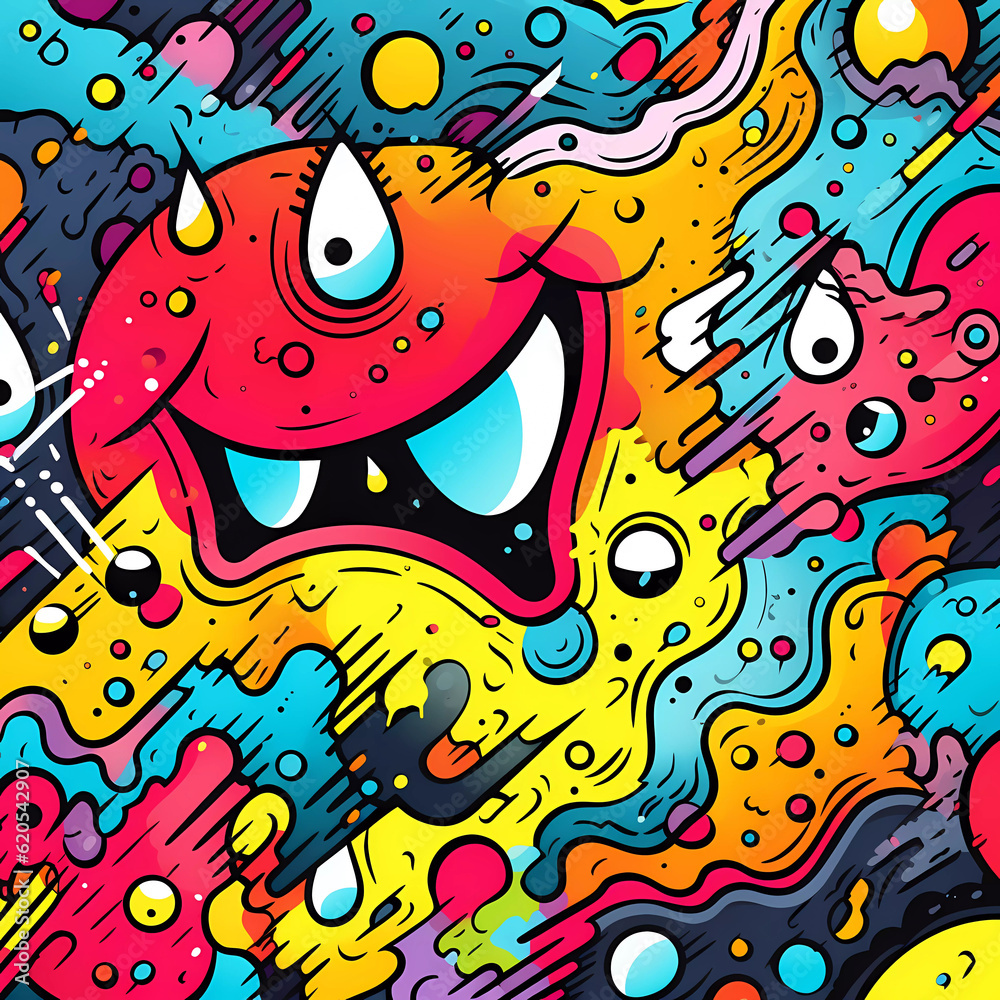 Comics illustration, retro and 90s style, monster pop art, abstract crazy and psychedelic background, Generative AI Comics illustration, retro and 90s style, monster pop art, abstract crazy and psychedelic background, Generative AI