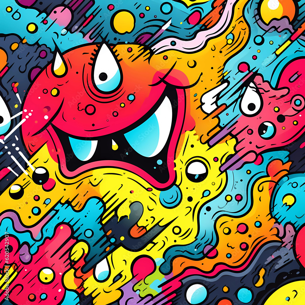 Comics illustration, retro and 90s style, monster pop art, abstract crazy and psychedelic background, Generative AI