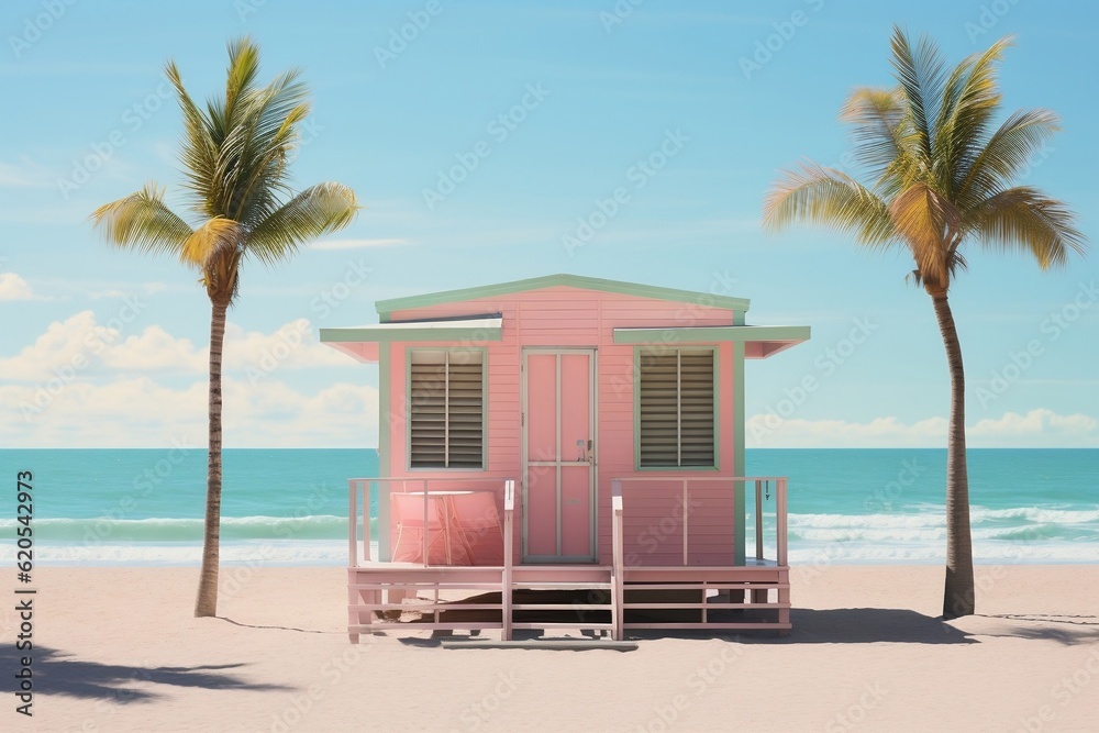 A captivating Miami beach scene infused with soothing pastel colors, Generative Ai