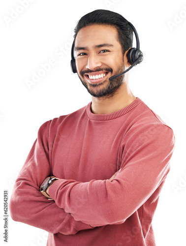 Obraz na płótnie Call center, arms crossed and smile with portrait of man on png for customer service, networking and advice