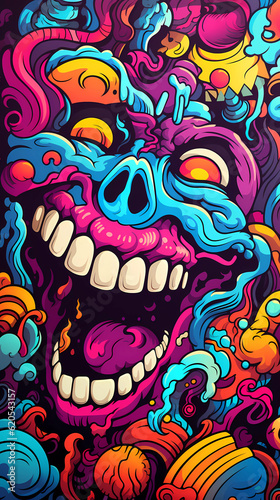 Comics illustration  retro and 90s style  monster pop art  abstract crazy and psychedelic background  Generative AI