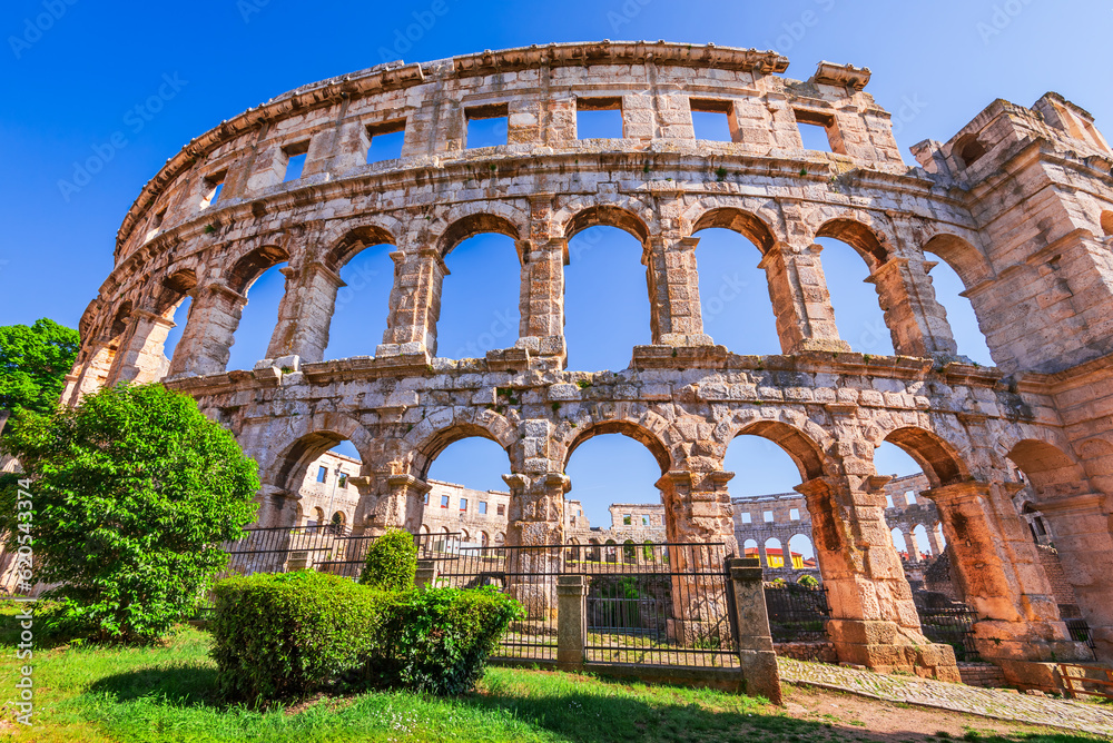 Pula, Croatia. Majestic view at famous arena of Roman Empire time, Dalmatia region.