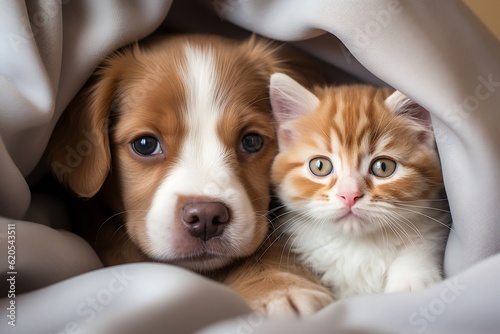 A puppy and a kitten cuddled beneath a cozy light pink blanket, Generative Ai