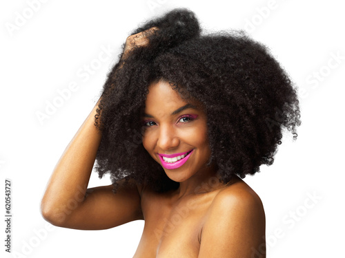 Lipstick, face and African woman with hair care for healthy, natural afro confidence on transparent, isolated or png background. Beauty, portrait and model with makeup or growth cosmetics from salon