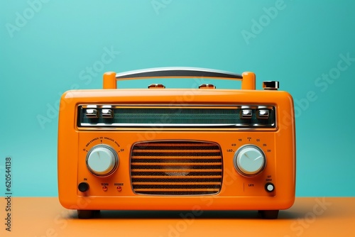 A vintage turquoise-colored radio set against a vibrant orange background, Generative Ai