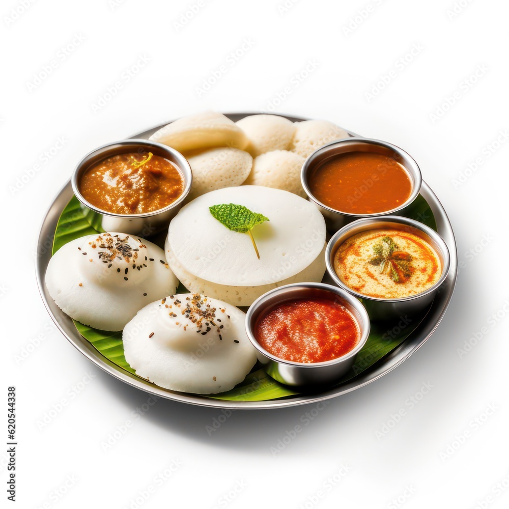 South indian sambar and idli on plate white background South indian sambar and idli on plate white background