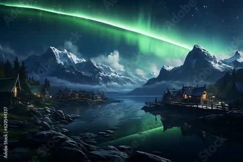 A picturesque Viking village nestled within a stunning Viking landscape, surrounded by water and illuminated by the captivating Northern Lights against a dark sky, Generative Ai