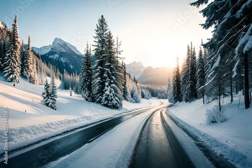 A winter road unfolds like a tranquil pathway, where silent snow blankets the landscape in serene white beauty