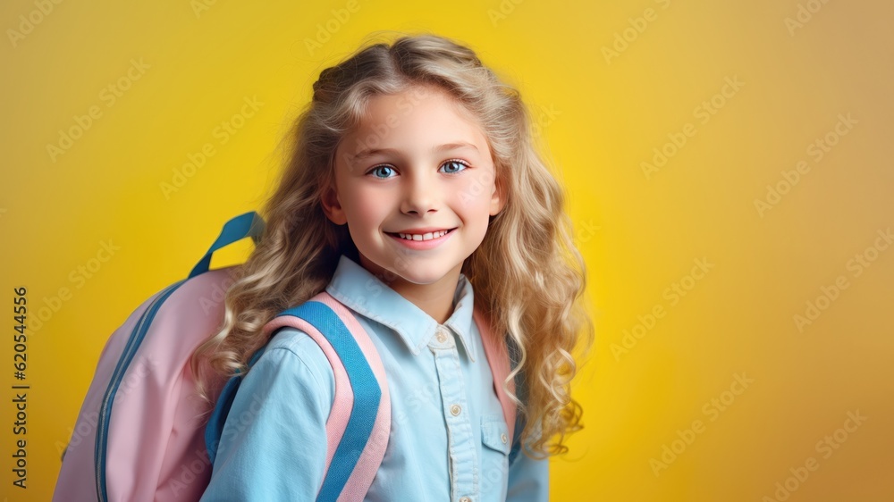 Portrait of smiling schoolgirl with school bag isolated on yellow background. Back to school concept. AI Generated. Portrait of smiling schoolgirl with school bag isolated on yellow background. Back to school concept. AI Generated.