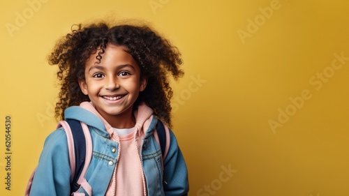 Portrait of smiling schoolgirl with school bag isolated on yellow background. Back to school concept. AI Generated.
