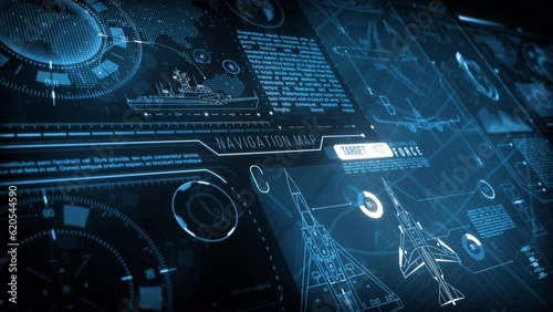 Military Navigation HUD interface. Moving across futuristic display with schematic airplanes, military data analysis and digital elements.