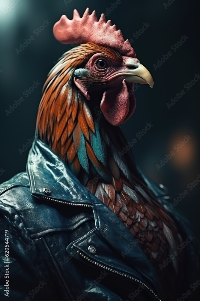 Image of stylish cool rooster as fashion and wore a leather jacket. Modern fashion, Animals, Illustration, Generative AI.