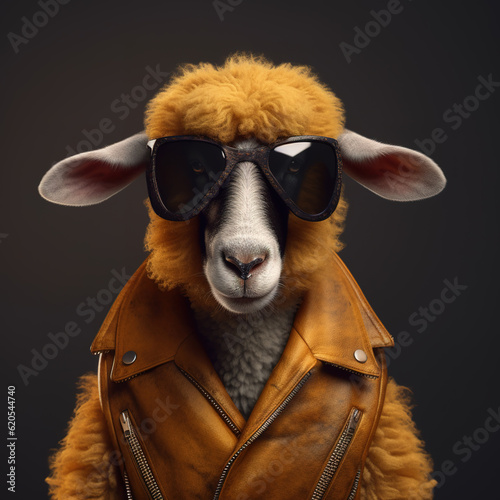 Image of stylish cool sheep wearing sunglasses as fashion and wore a leather jacket. Modern fashion, Animals, Illustration, Generative AI. © yod67