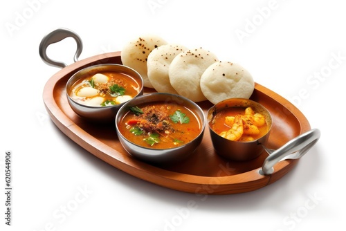 sambar and idli on autentic plate simple isolated white background photo