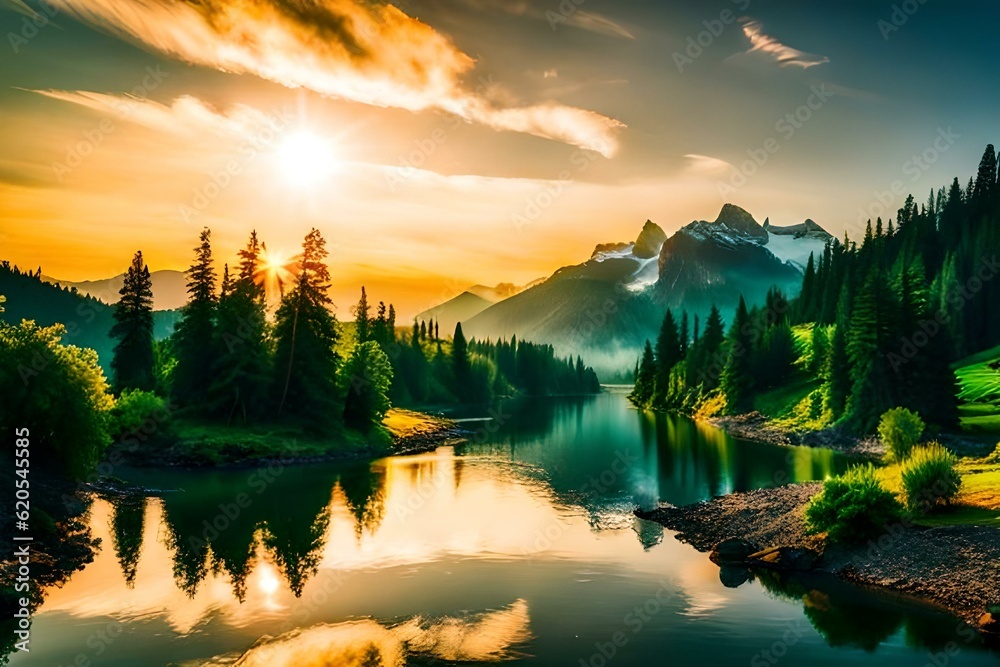 Fototapeta premium sunset over the field generated by Ai