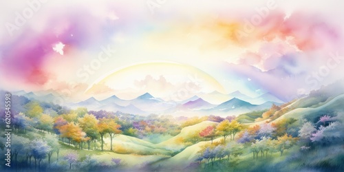 arcoiris watercolor painting of arcoiris portrays a dreamy landscape with a delicately arched rainbow emerging from behind distant hills Generative AI Digital Illustration Part 060723 © Cool Patterns