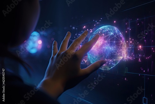 New technology person holding their hand up to a glowing sphere