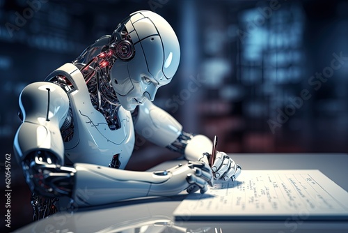 Humanoid robot writing answers with pen on paper