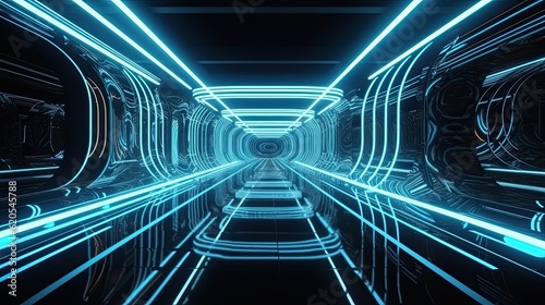 Abstract futuristic blue tunnel background with neon lights