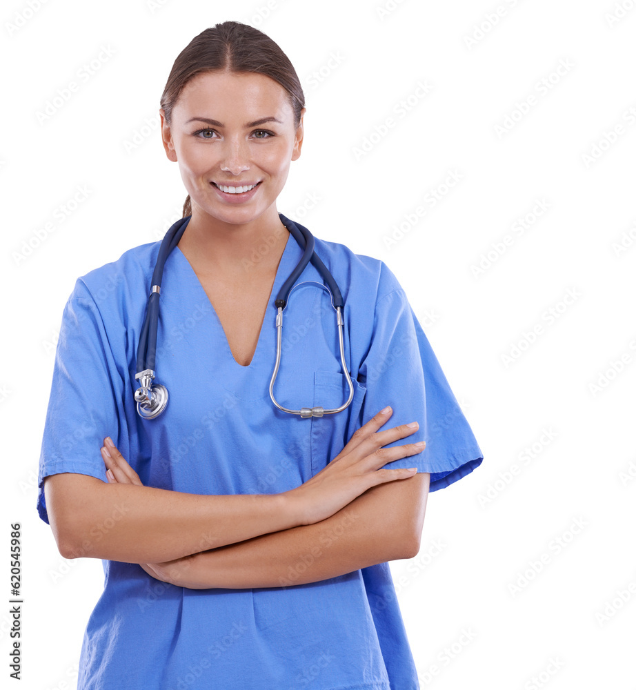 Woman, arms crossed and nurse in portrait, health and stethoscope with