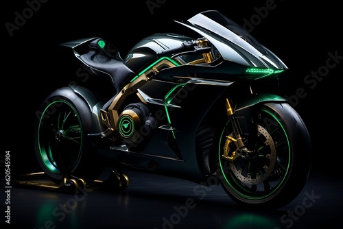 A sleek  futuristic bike with a striking green neon color  set against a sleek black background  Generative Ai