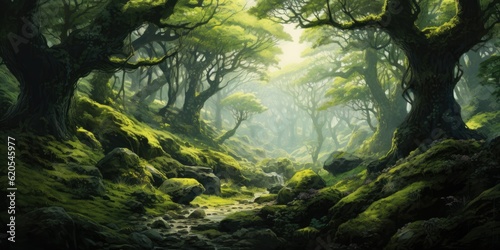 backgrounds mystical forest background with towering ancient trees covered in vibrant green moss Generative AI Digital Illustration Part#060723