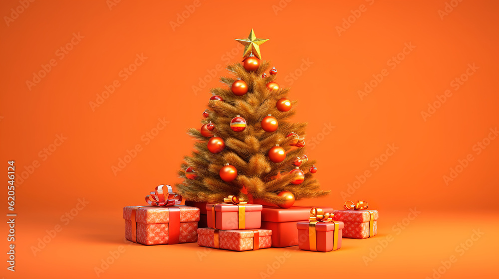 christmas tree with gifts on orange background. Generative Ai