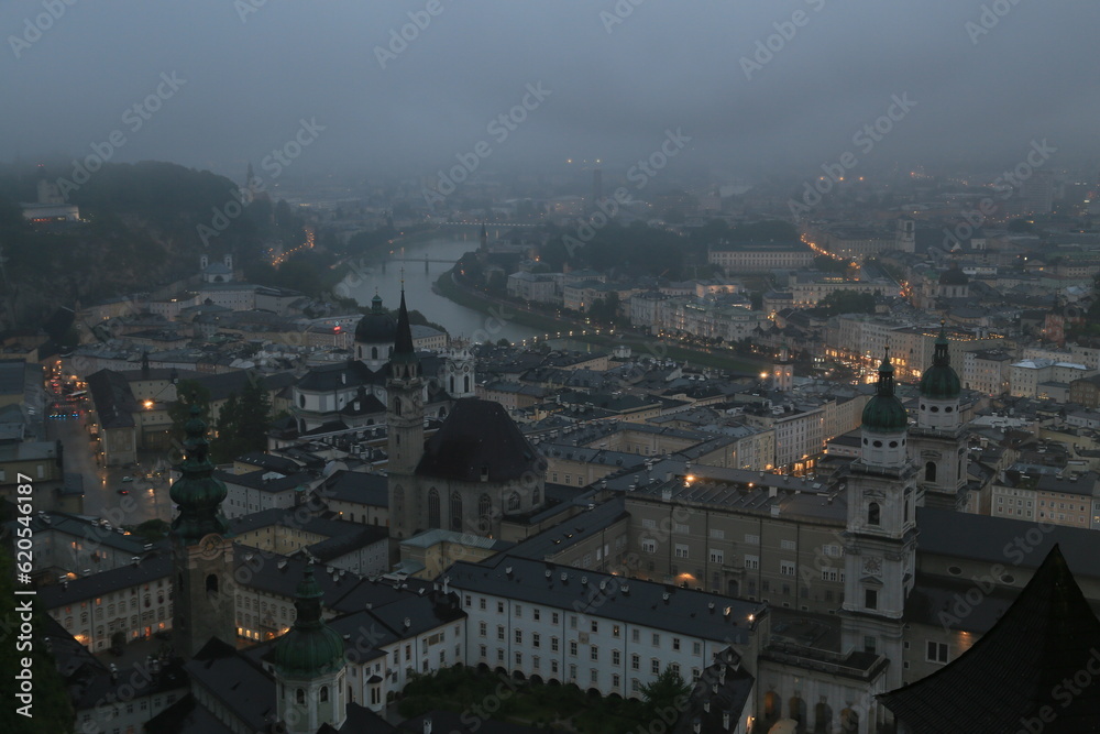 Aerial view of a city in the rain, Austria