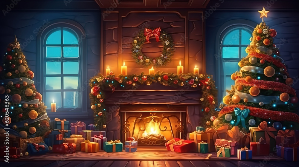 Christmas tree decorated and fireplace. Generative Ai
