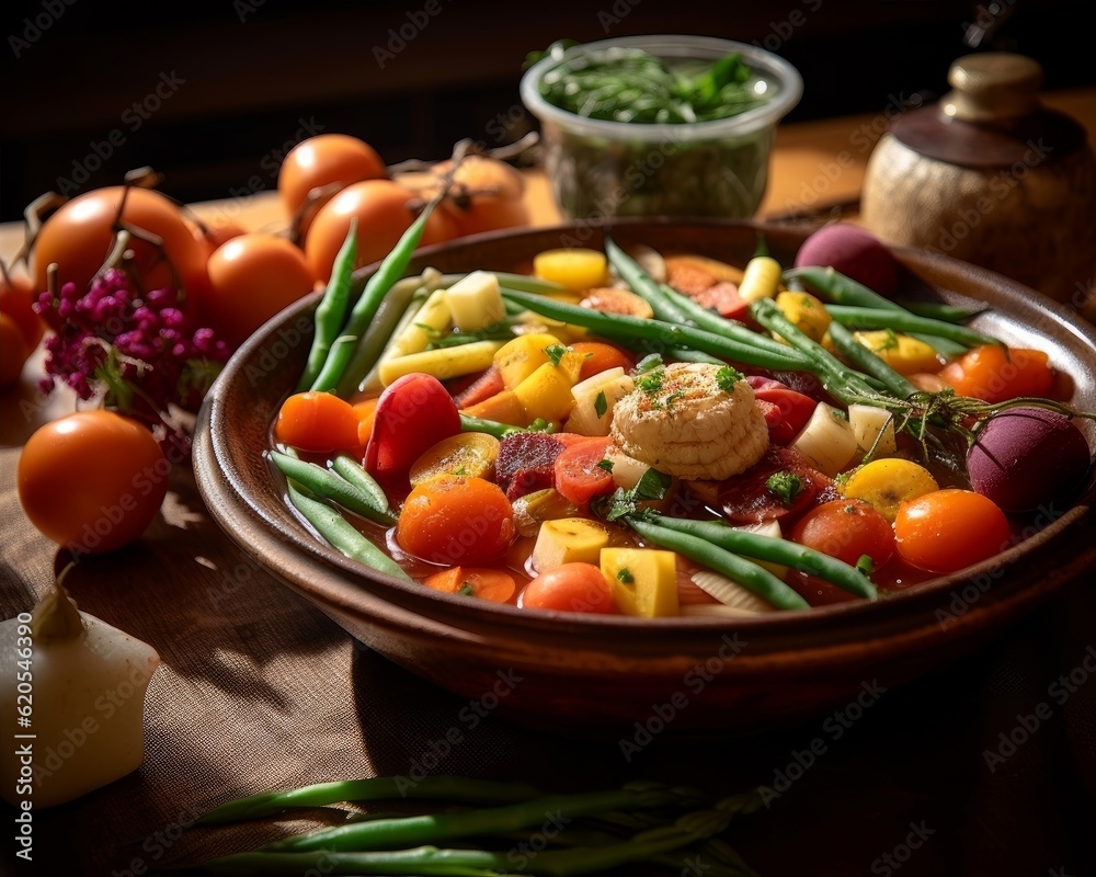 Navarin d'Agneau with a colorful arrangement of vegetables and a rich sauce Navarin d'Agneau with a colorful arrangement of vegetables and a rich sauce
