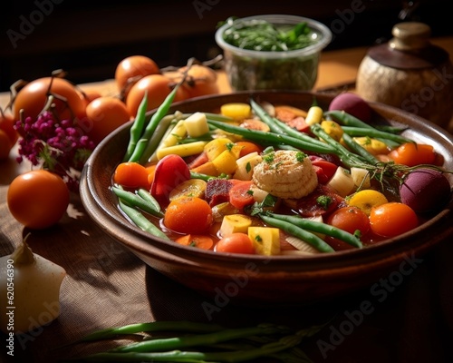 Navarin d'Agneau with a colorful arrangement of vegetables and a rich sauce