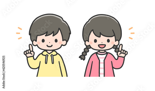 指差しポーズの男の子と女の子　上半身
