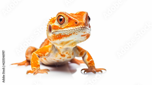 Cute small orange colored lizard isolated on white background with copy space, AI Generated