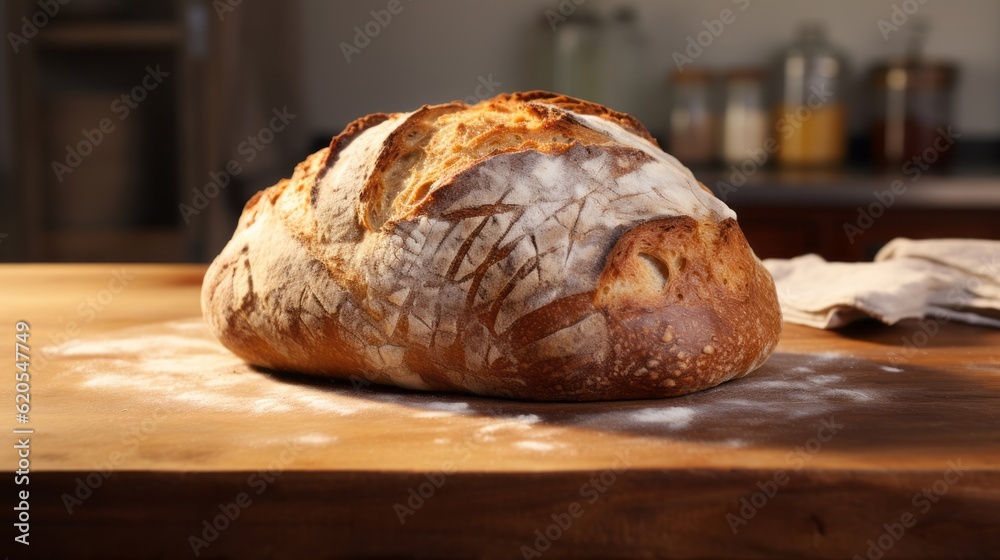Bakery food photography background - Sourdough bread with crispy crust on wooden dark table (Generative Ai)