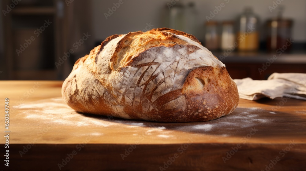 Bakery food photography background - Sourdough bread with crispy crust on wooden dark table (Generative Ai) Bakery food photography background - Sourdough bread with crispy crust on wooden dark table (Generative Ai)