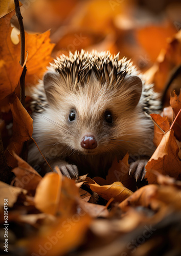 Hedgehog Appearing Through the Autumn Leaves-Generative AI