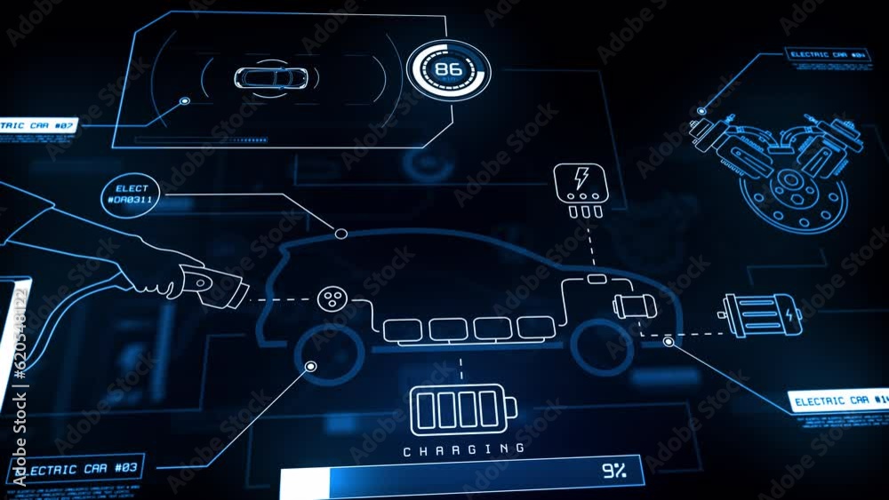 A futuristic holographic display panel of electric car charging gauges on a black background. Electric car infographics. HUD of electric vehicle. A futuristic holographic display panel of electric car charging gauges on a black background. Electric car infographics. HUD of electric vehicle.
