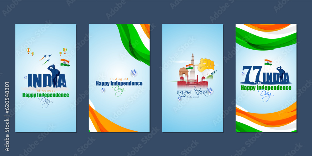 Naklejka premium Vector illustration of Indian Independence Day social media story feed set mockup template