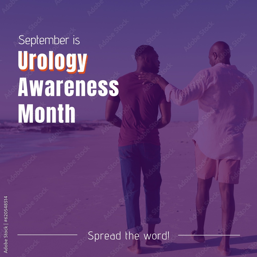 Urology awareness month text over african american father and adult son walking on sunny beach