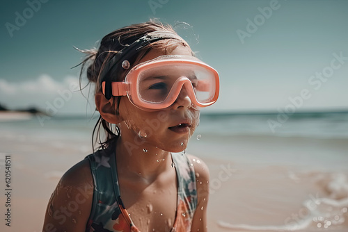 Little girl snorkeling on the sea. AI generative