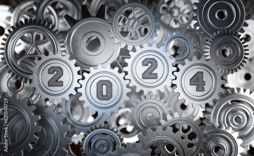 New Year 2024 Creative Design Concept with Gears - 3D Rendered Image 